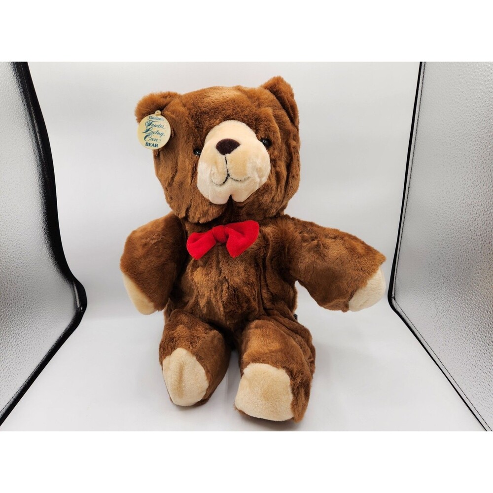 Vintage 1980s Gerber Tender Loving Care 19" Plush Brown Teddy Bear W/Red Bow Tie